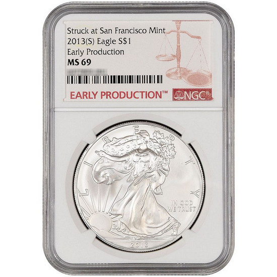 2013 S Silver American Eagle Struck at San Francisco Mint MS69 NGC Early Production Burgundy Label