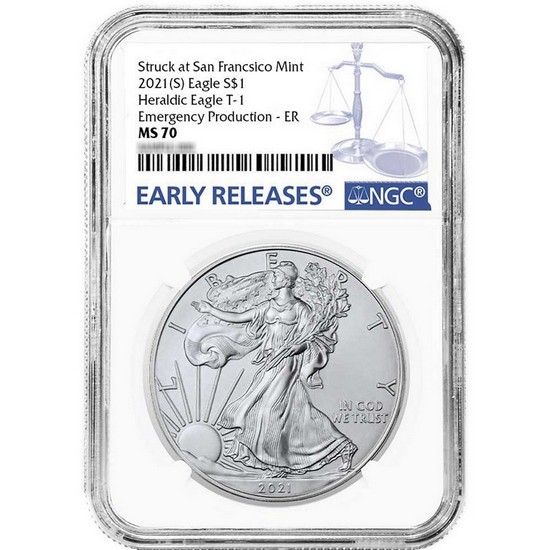 2021 (S) Silver American Eagle Type 1 Heraldic Eagle Emergency Production MS70 ER NGC Blue Label