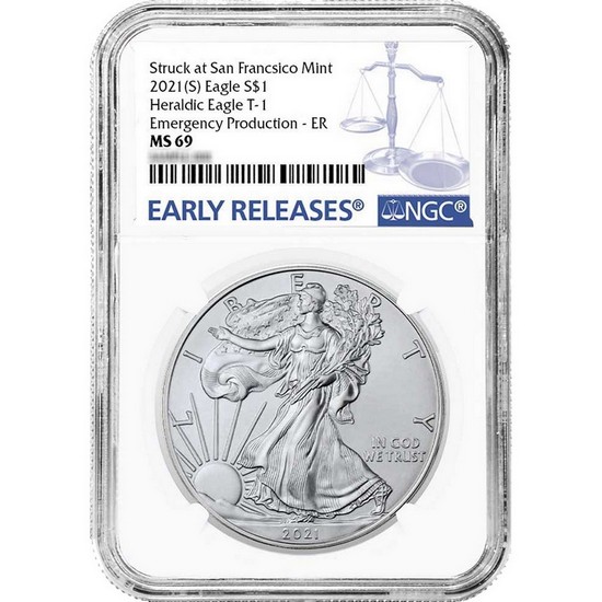 2021 (S) Silver American Eagle Type 1 Heraldic Eagle Emergency Production MS69 ER NGC Blue Label
