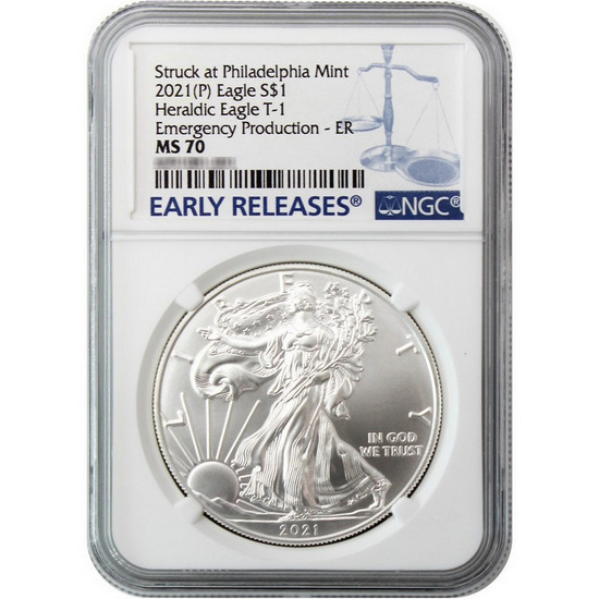 2021 (P) Silver American Eagle Type 1 Heraldic Eagle Emergency Production MS70 NGC Brown Label
