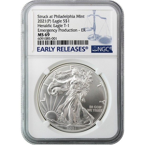 2021 (P) Silver American Eagle Type 1 Heraldic Eagle Emergency Production MS69 ER NGC Blue Label