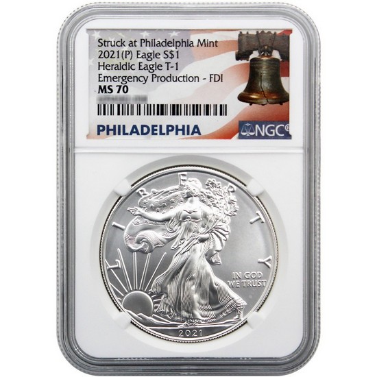 2021 (P) Silver American Eagle Type 1 Heraldic Eagle Emergency Production MS70 FDI NGC Liberty Bell Labell
