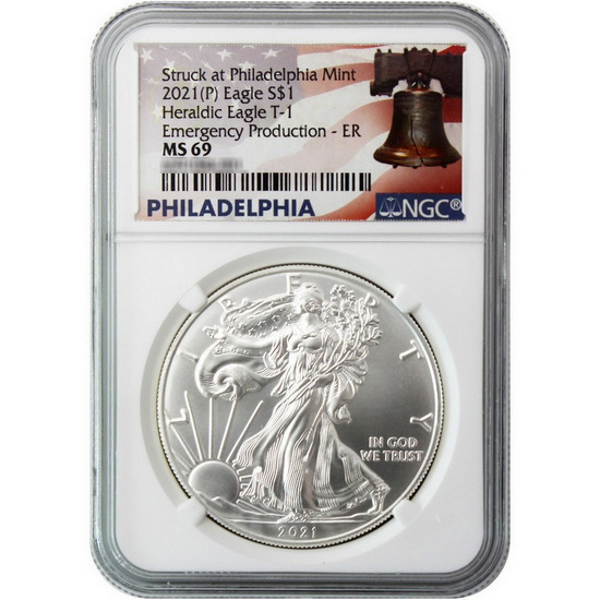 2021 (P) Silver American Eagle Type 1 Heraldic Eagle Emergency Production MS69 ER NGC Liberty Bell Label
