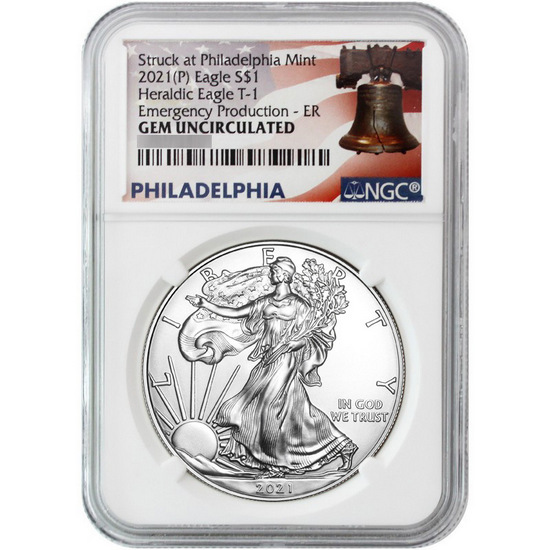 2021 (P) Silver American Eagle Type 1 Heraldic Eagle Emergency Production Gem UNC ER NGC Liberty Bell Label