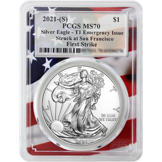 2021 (S) Silver American Eagle Type 1 Heraldic Eagle Emergency Production MS70 FS PCGS Flag Frame