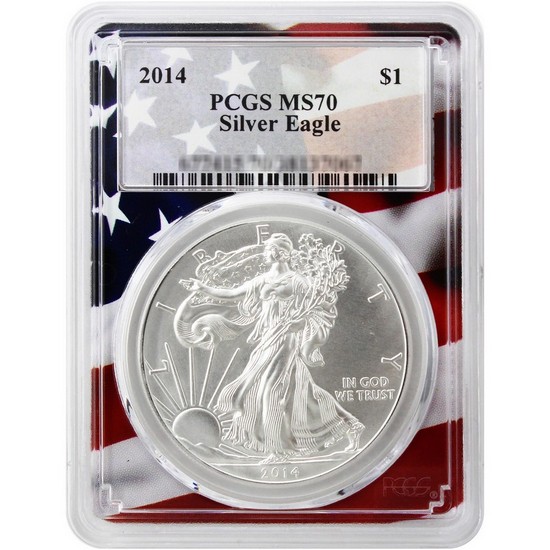 2014 Silver American Eagle Coin MS70 PCGS Flag Picture Frame