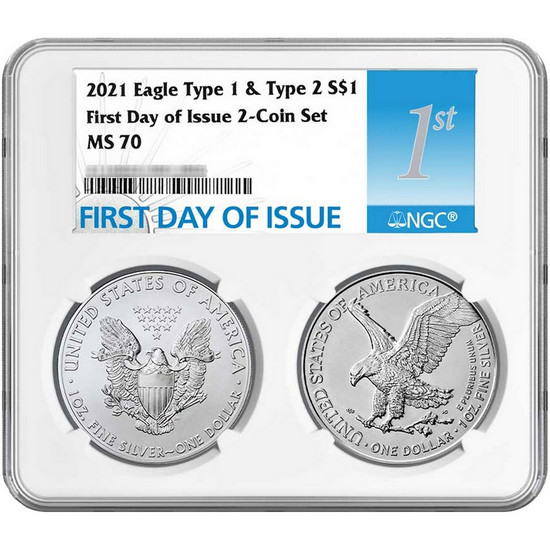 2021 Silver American Eagle Type 1 Heraldic Eagle & Type 2 Landing Eagle MS70 FDI NGC Multiholder 1st Label