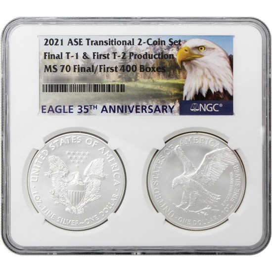 2021 Silver American Eagle Type 1 Heraldic Eagle & Type 2 Landing Eagle MS70 NGC Multiholder Transitional Eagle Label