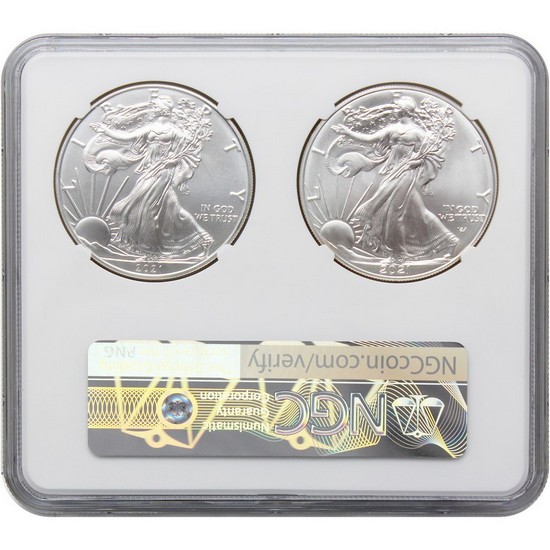 2021 Silver American Eagle Type 1 Heraldic Eagle & Type 2 Landing Eagle MS70 NGC Multiholder Transitional Eagle Label