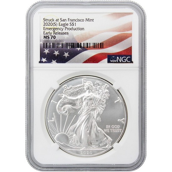 2020(S) Struck at San Francisco Silver American Eagle "Emergency Production" MS70 ER NGC Flag Label