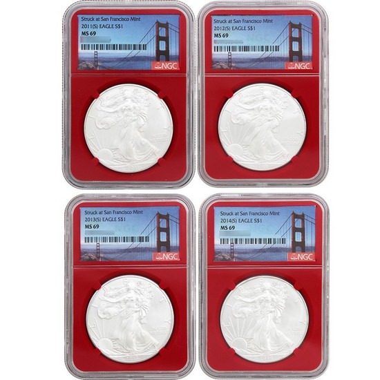2011-2014 (S) Silver American Eagle Set MS69 NGC Red Core Bridge label
