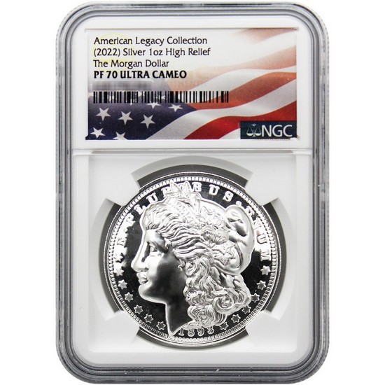 (2022) Morgan Dollar American Legacy Collection 1oz Silver High Relief PF70 UC NGC Flag Label