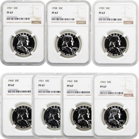 1957-1963 Franklin Silver Half Dollars PF67 NGC 7pc Set