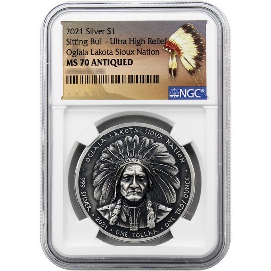 2021 Silver Native American Chief Series: "Sitting Bull" 1oz Antiqued Coin MS70 UHR NGC Native American Label
