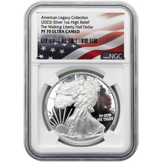 (2023) Walking Liberty Half Dollar American Legacy Collection 1oz Silver High Relief PF70 UC NGC Flag Label