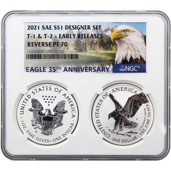 2021 Silver American Eagle Reverse Proof 2 Coin Set PF70 ER NGC Multiholder 35th Anniversary Eagle Label