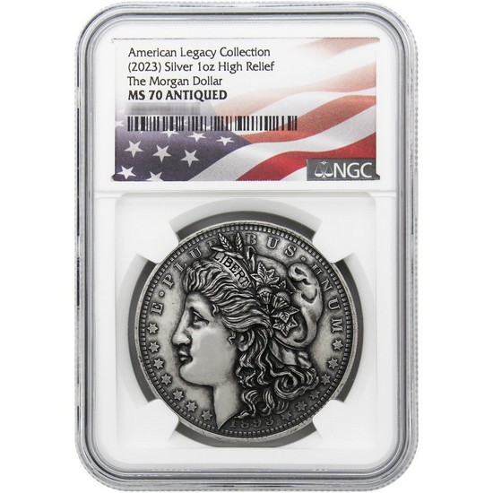 (2023) The Morgan Dollar American Legacy Collection 1oz Silver High Relief MS70 NGC Antiqued Flag Label