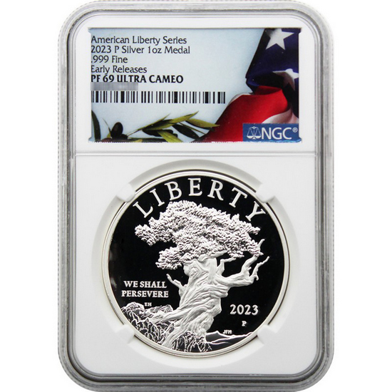 2023 P Silver American Liberty Series 1oz Medal PF69 UC ER NGC Flag/Olive Branch Label