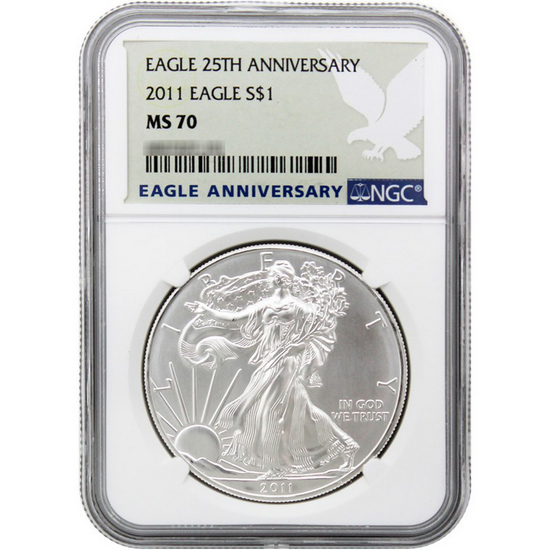 2011 Silver American Eagle MS70 NGC 25th Anniversary Label