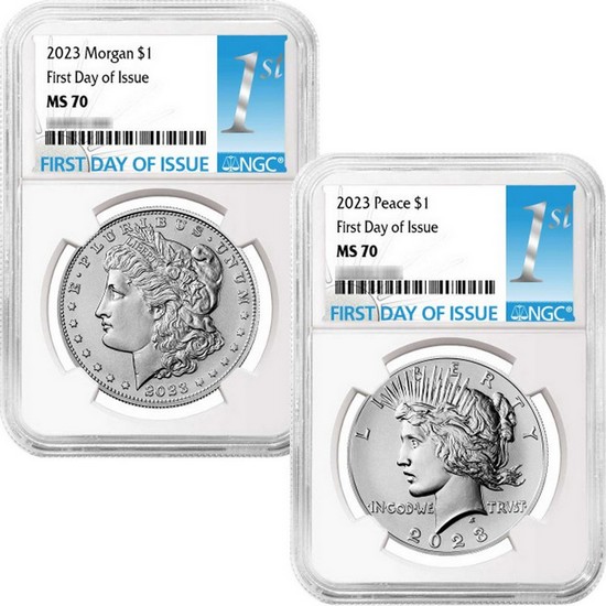 2023 Morgan and Peace Silver Dollar Set MS70 FDI NGC 1st Label