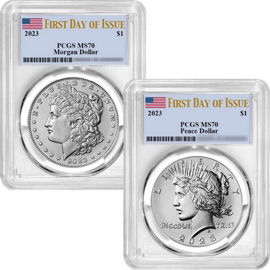 2023 Morgan and Peace Silver Dollar Set MS70 FDI PCGS Flag Label