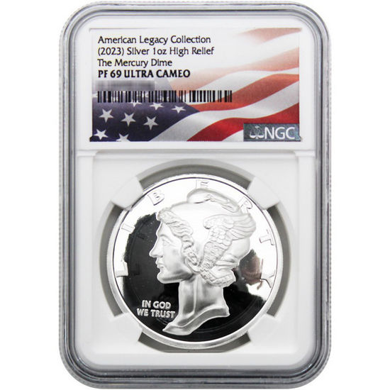 (2023) The Mercury Dime American Legacy Collection 1oz Silver High Relief PF69 UC NGC Flag Label