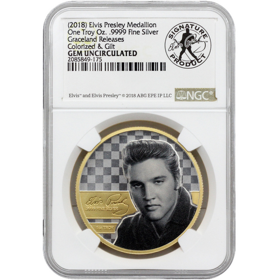 (2018) Silver Elvis Presley Colorized & Gilt 1oz Medallion GEM UNC NGC Graceland Release (2018) Silver Elvis Presley Colorized & Gilt 1oz Medallion GEM UNC NGC Graceland Release