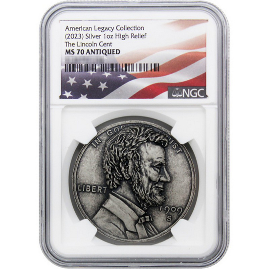 (2023) The Lincoln Cent American Legacy Collection 1oz Silver High Relief MS70 NGC Antiqued Flag Label