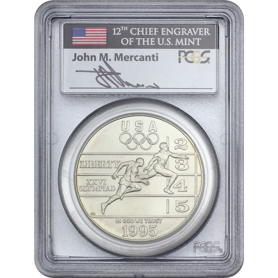 1995 D Olympic Track And Field Silver Dollar MS69 PCGS John Mercanti Signed