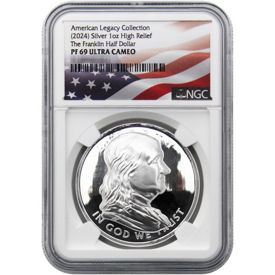 (2024) The Franklin Half Dollar American Legacy Collection 1oz Silver High Relief PF69 UC NGC Flag Label