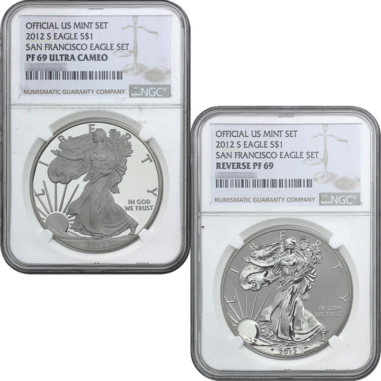2012 S Silver American Eagle 75th Anniversary 2pc Set PR69 NGC Brown Label