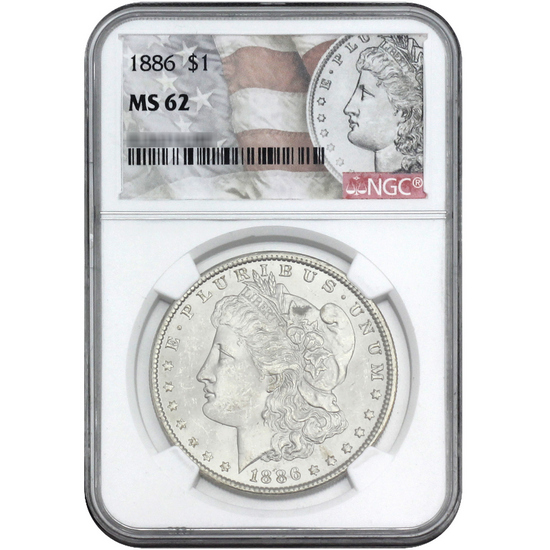 1886 Morgan Silver Dollar MS62 NGC Morgan/Flag Label