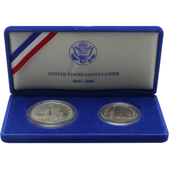 1986 S US Statue of Liberty Centennial Silver Dollar and Half Dollar PF Coins 2pc Set in OGP