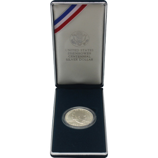 1990 W Eisenhower Centennial Silver Dollar BU Coin in OGP