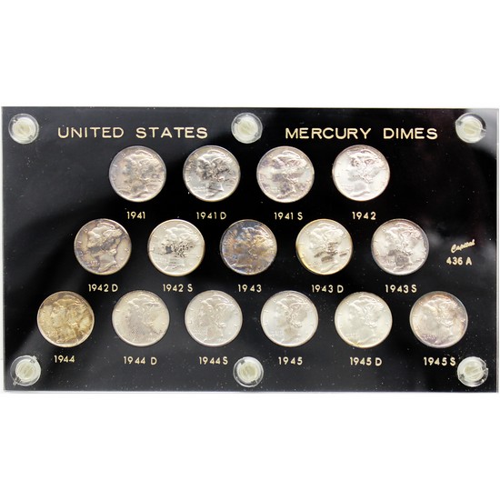 1941-1945 P,D,S Mercury Dime Silver BU Set in Acrylic Holder 15pc