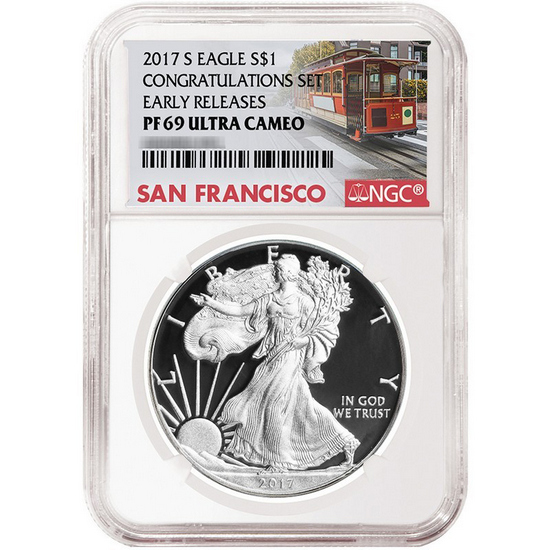 2017 S Congratulations Set Silver American Eagle PF69 UC ER NGC Trolley Label