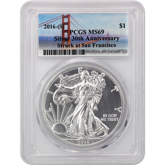 2016 S Silver American Eagle Struck at San Francisco Mint MS69 PCGS Bridge Label