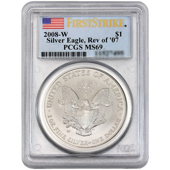 2008 W Silver American Eagle Reverse of 2007 MS69 FS PCGS Flag Label