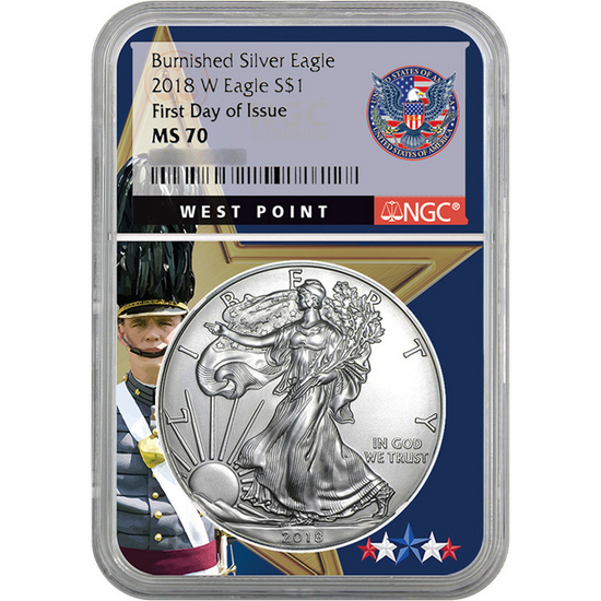2018 W Burnished Silver American Eagle MS70 FDI NGC West Point Core FDI Label