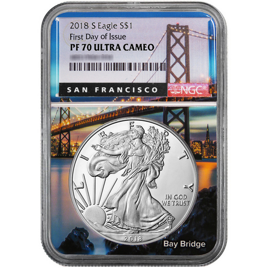 2018 S Silver American Eagle Coin PF70 FDI NGC 1st Label Bay Bridge Core