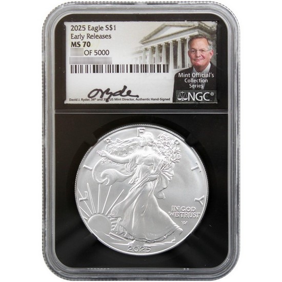 2025 Silver American Eagle MS70 ER NGC Black Core David J. Ryder Signed Label