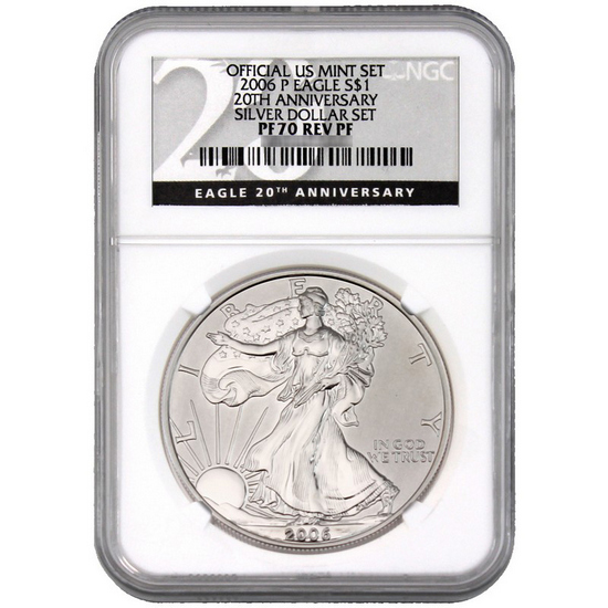 2006 P Silver American Eagle from Silver Dollar Set Reverse Proof PF70 NGC 20th Anniversary Label