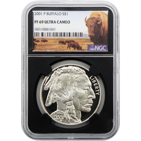 2001 P American Buffalo Silver Dollar PF69 UC NGC Black Core Buffalo Label