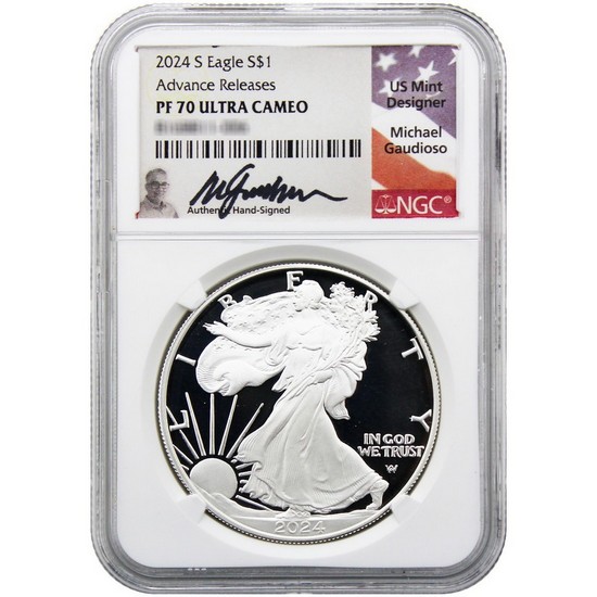 2024 S Silver American Eagle Coin PF70 UC AR NGC Gaudioso Signed