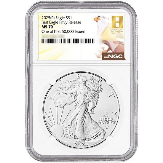2025 Silver American Eagle First Eagle Privy Coin MS70 NGC One of First 50,000 Issued 8th Era Label