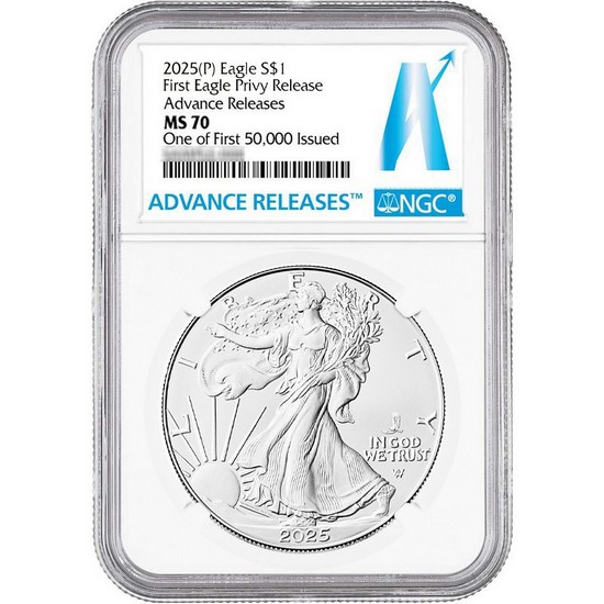 2025 Silver American Eagle First Eagle Privy Coin MS70 NGC Advance Releases One of First 50,000 Issued Label