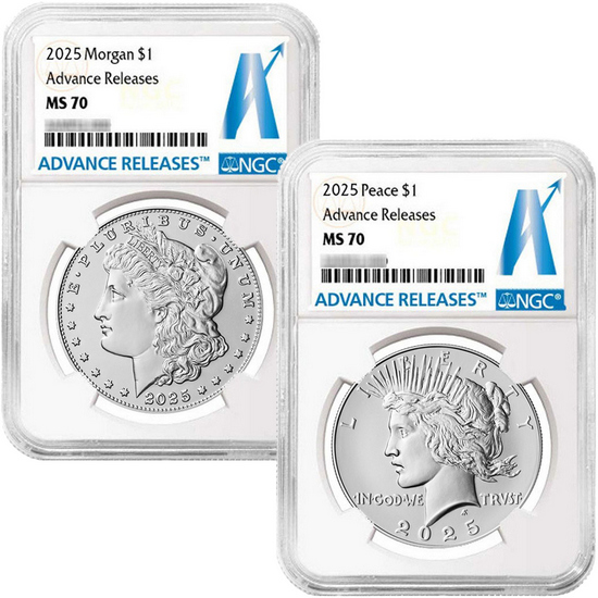 2025 Morgan and Peace Silver Dollar Set MS70 Advance Releases NGC AR Label