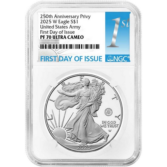 2025 W Silver American Eagle 250th US Army Privy Coin PF70 UC FDI NGC 1st Label