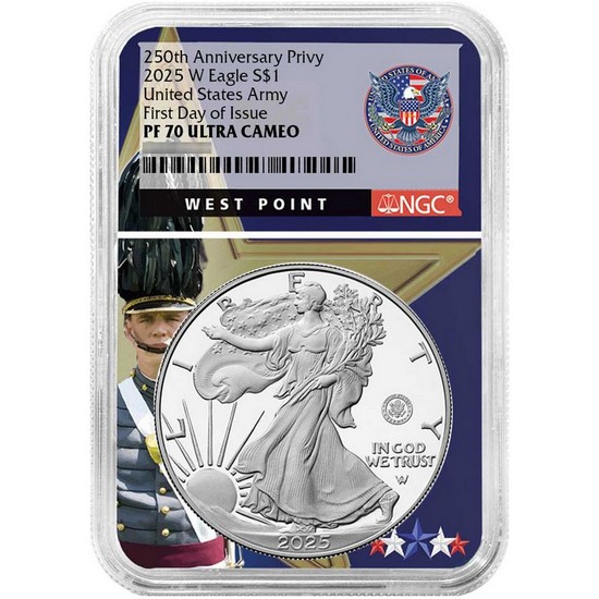 2025 W Silver American Eagle 250th US Army Privy Coin PF70 UC FDI NGC West Point Core