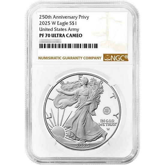 2025 W Silver American Eagle 250th US Army Privy Coin PF70 UC NGC Brown label
